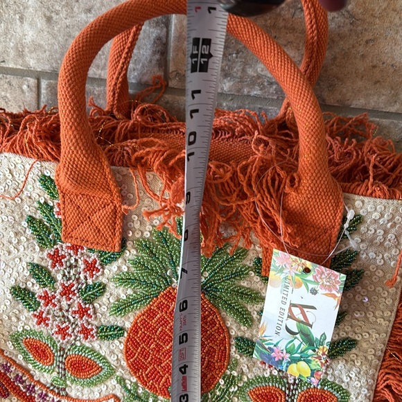 NWT Orange and White Beaded Tote Bag with Fringe - Picture 7 of 7